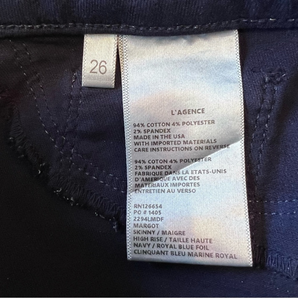L'AGENCE MARGOT SKINNY HIGH RISE NAVY ROYAL BLUE FOIL METALLIC PANTS HOLIDAY  26 - Picture 8 of 12